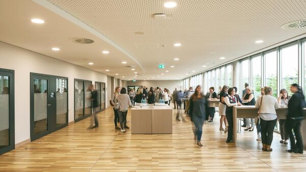 Buffet im Panorama-Forum des Kongresszentrums Dortmund mit Blick auf den Rosengarten